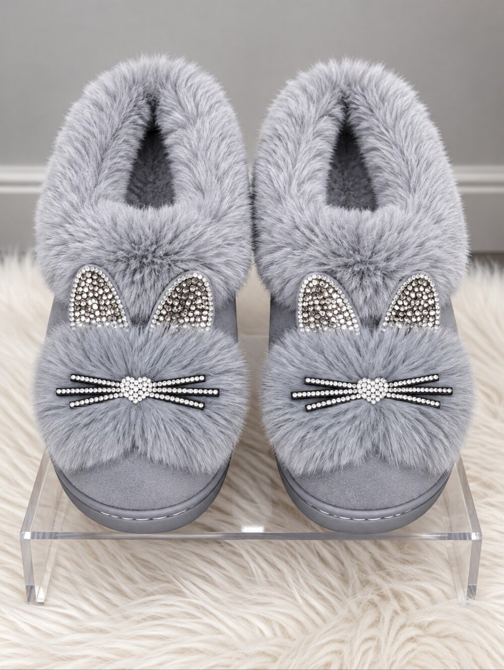 Rhinestone Plush Cat Slippers / Soft Sole Slip-on Slipper Shoes